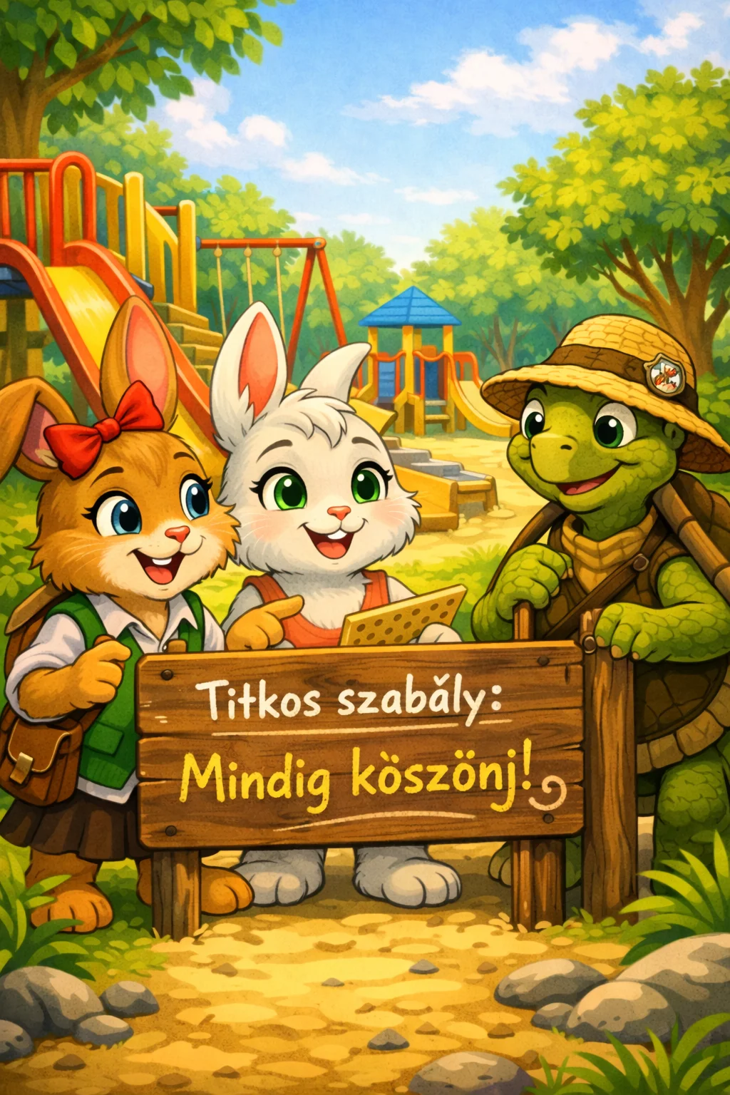 Masni, Hópihe és a teknős a játszótéri szabálytáblánál