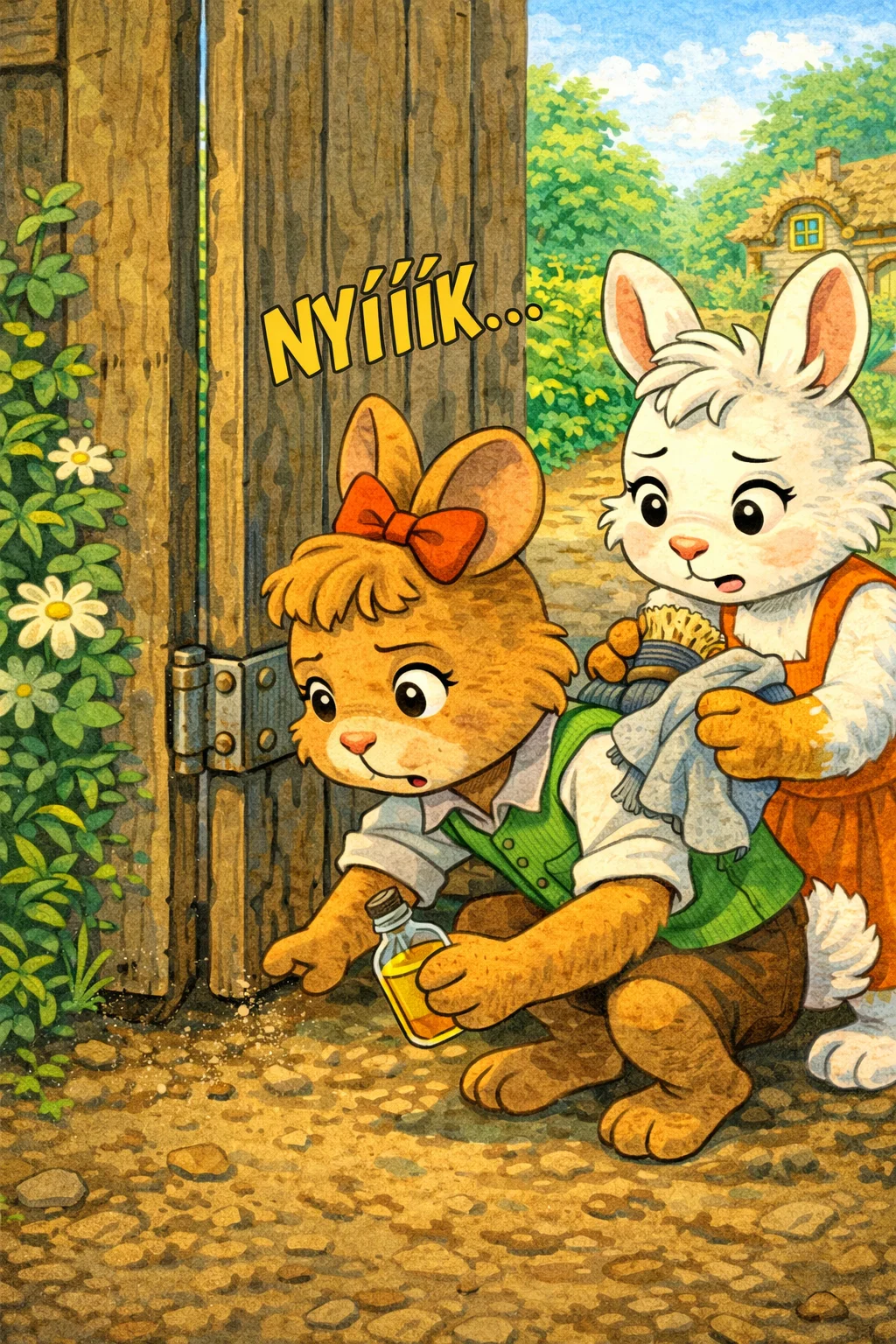 Masni és Hópihe a kapu zsanérját tisztítják és olajozzák